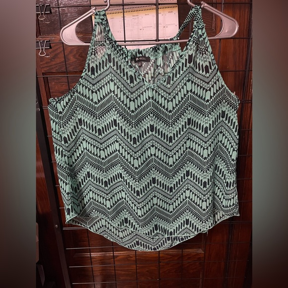 Gal boss womens sheer blouse zigzag print aqua and black size L high low - Picture 1 of 3
